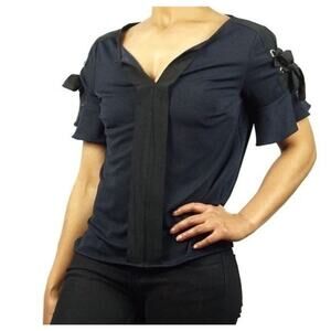 Banana Republic Women’s Navy Blue Blouse w. Lace Up Ribbon Sleeves - Size Small